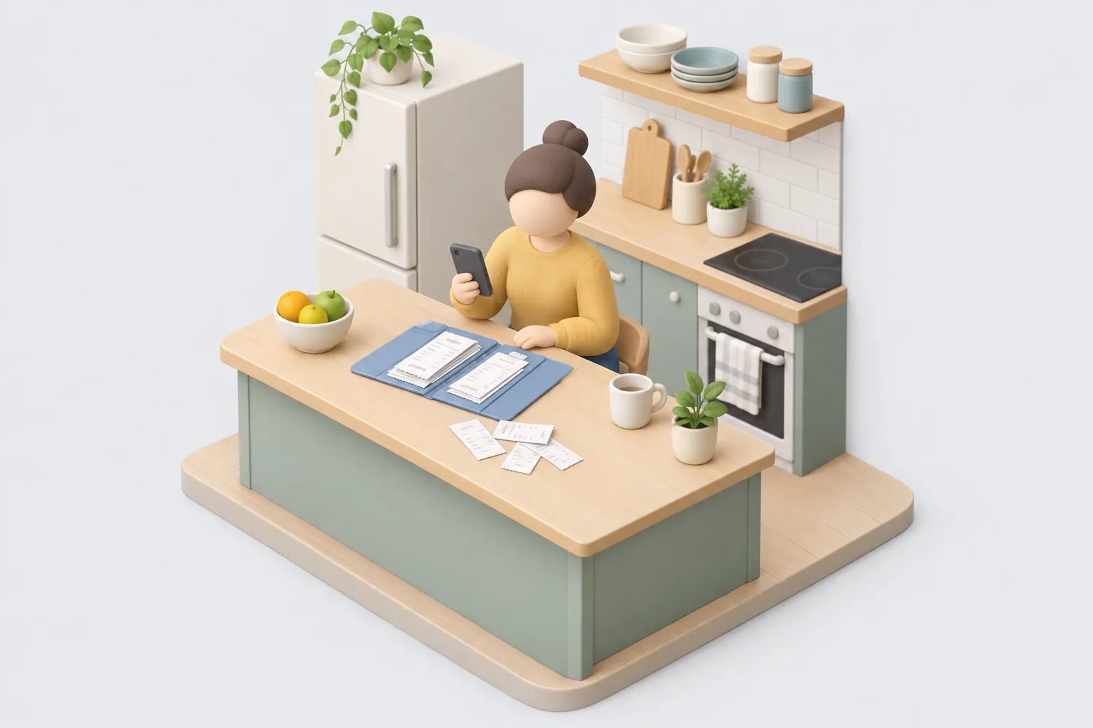 Illustration: en person vid en köksbänk med en telefon och en mapp med kvitton.