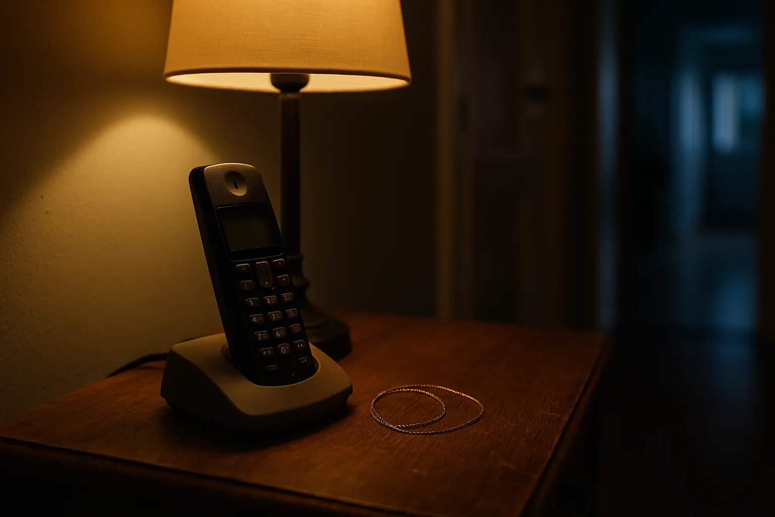 Illustration: en telefonlur och ett guldhalsband på ett bord i en hall.