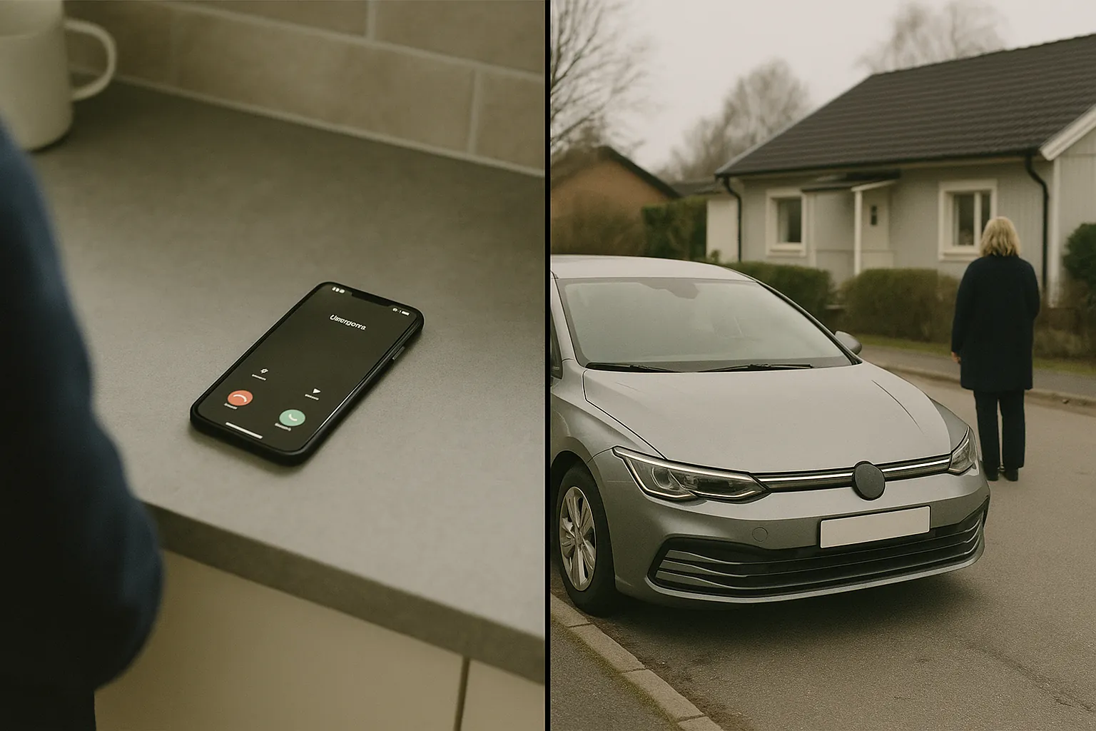 Illustration: en ringande telefon och en obekant hyrbil parkerad utanför ett hus.