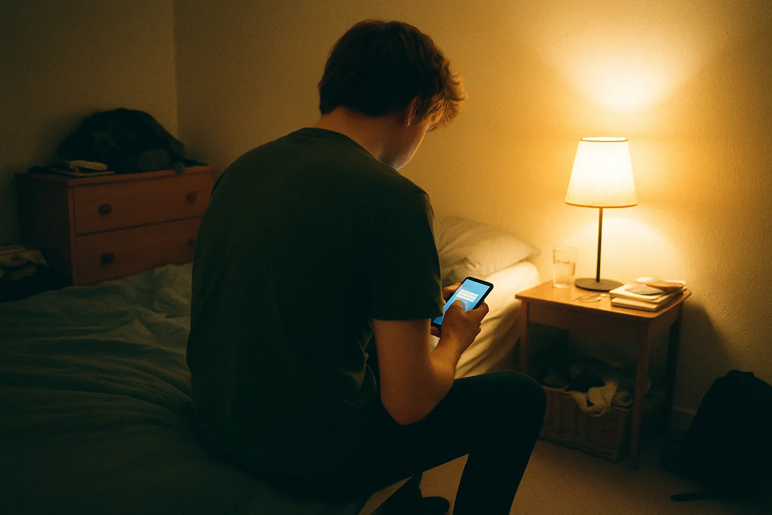 Illustration: en person sitter ensam hemma på natten och håller i en mobiltelefon.