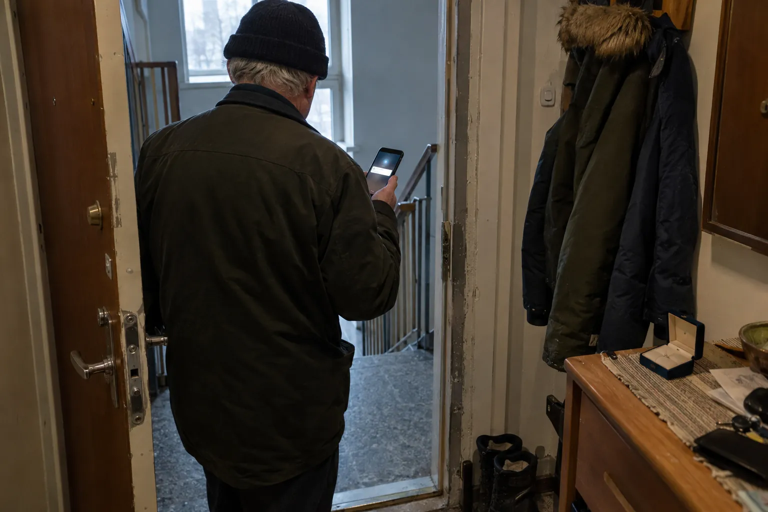 Illustration: en äldre man sedd bakifrån vid en öppen ytterdörr med en mobiltelefon i handen och ett tomt smyckeskrin på hallbordet