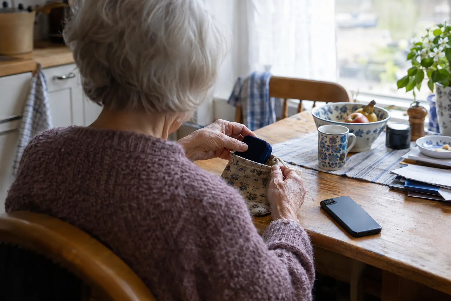 Illustration: en kvinna vid ett köksbord lägger smycken i en liten väska, en mobiltelefon ligger bredvid.