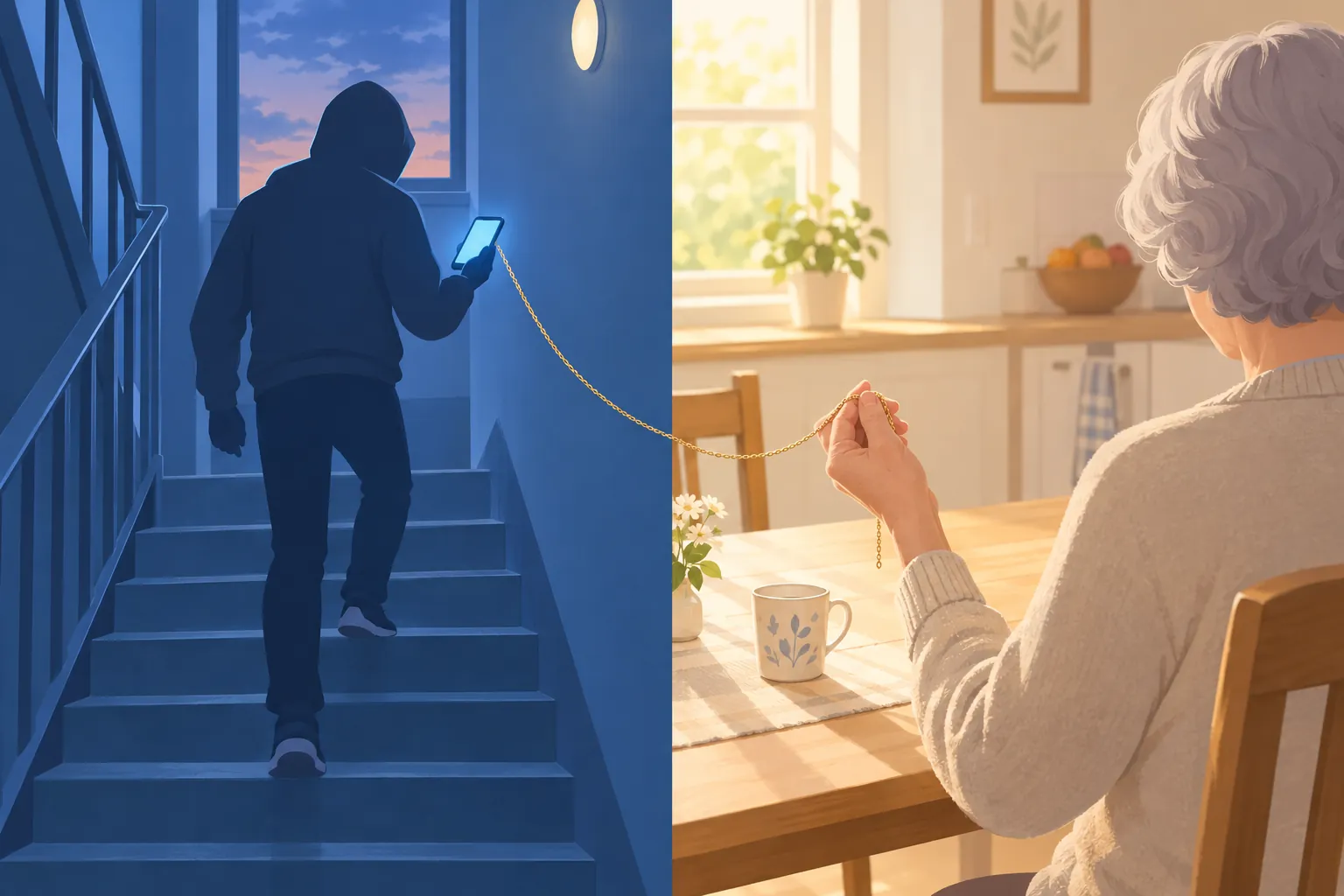 Illustration: en skugga i en trappuppgång med en lysande telefon, bredvid en hand som håller en guldkedja vid ett köksbord.