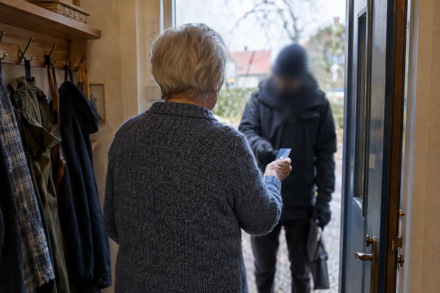 Illustration: en kvinna vid en öppen ytterdörr håller fram ett bankkort mot en oskarp besökare.