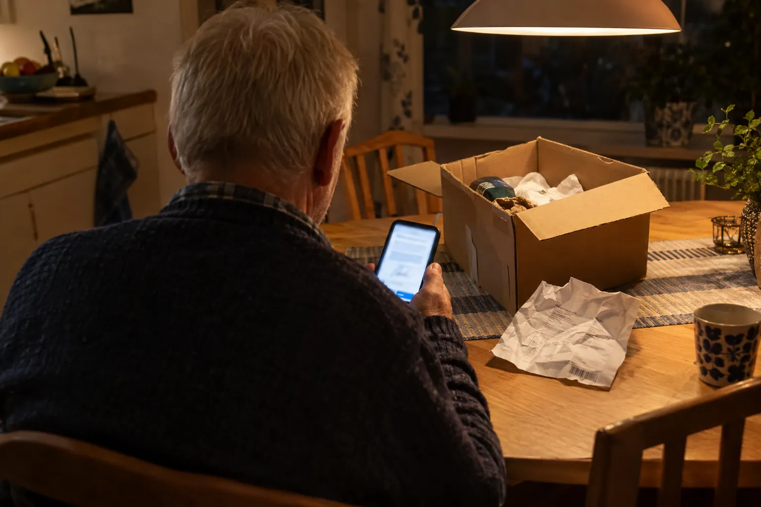 Illustration: en man vid ett köksbord håller en mobiltelefon med en suddig signeringsskärm, en leveranslapp ligger bredvid.