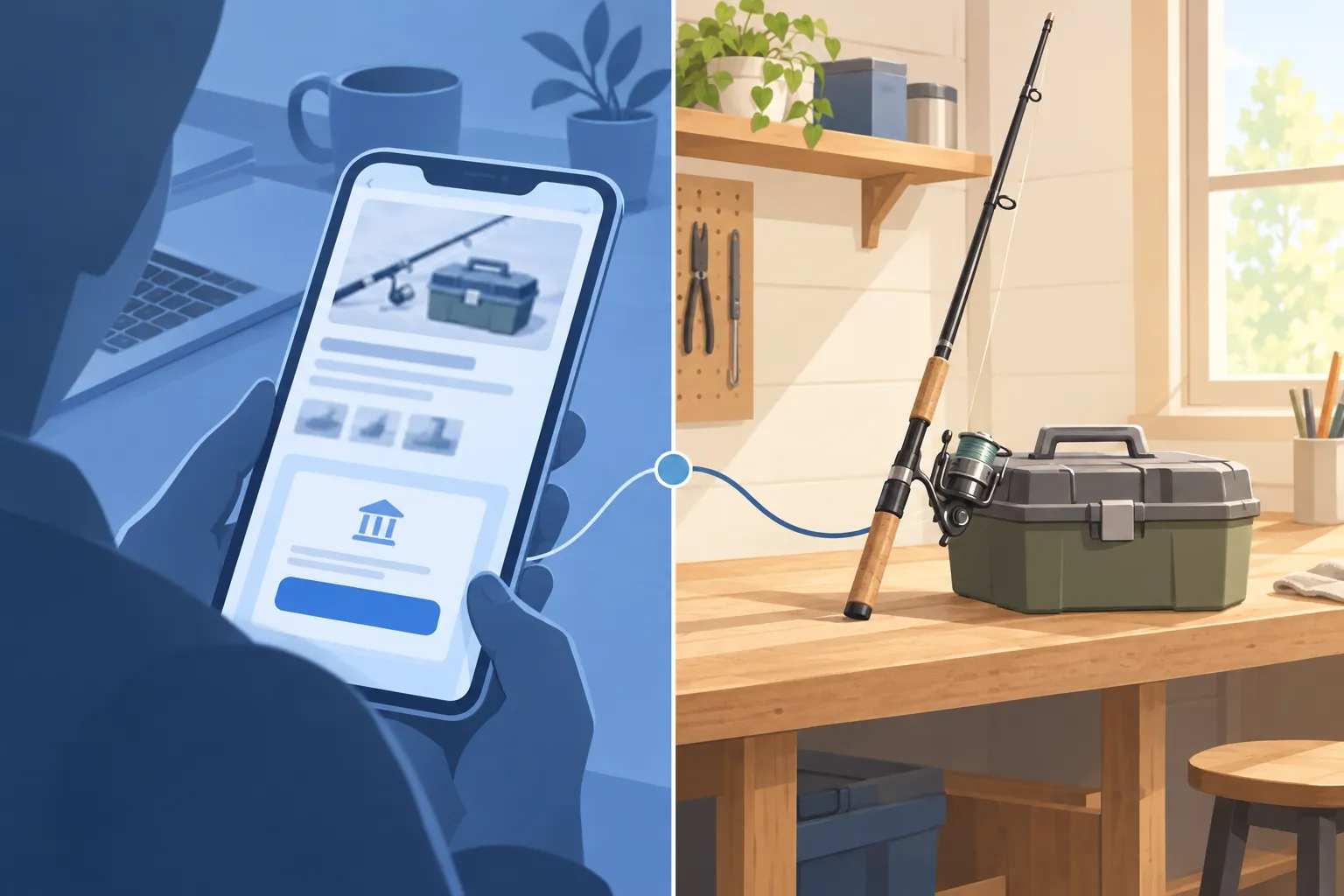 Illustration: delad bild med en mobilskärm och en annons till vänster och ett orört fiskespö och en väska till höger.